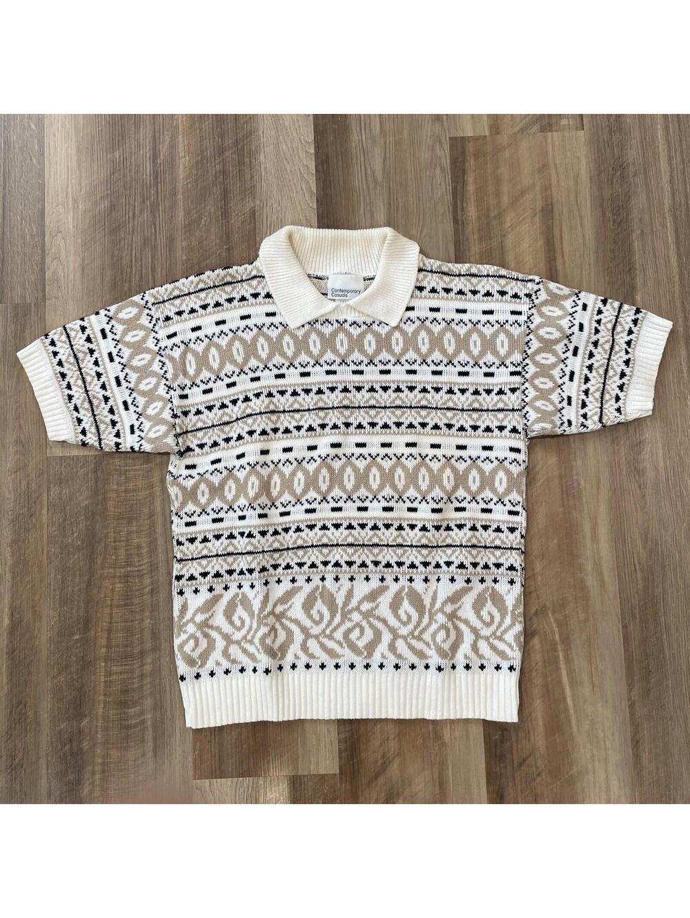 Vintage 80s 90s Short Sleeve Sweater SZ MEDIUM Collared Geometric MADE IN USA